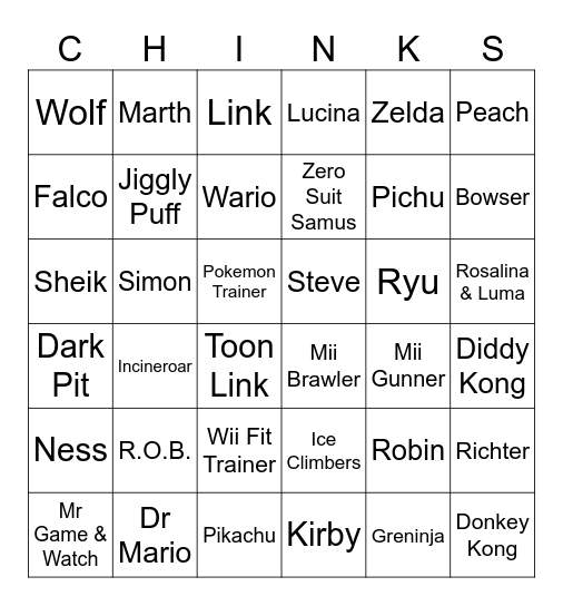 Character Bingo Card