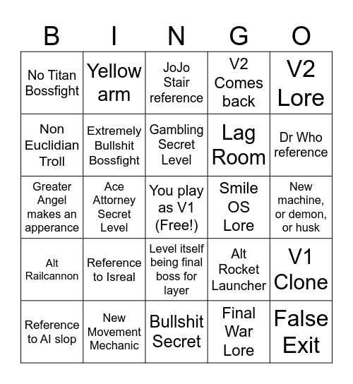 Ultrakill Fraud Bingo Card