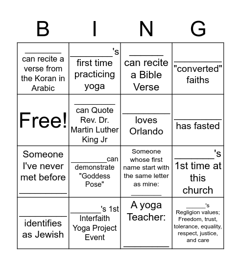 MLK Interfaith Yoga BINGO Card