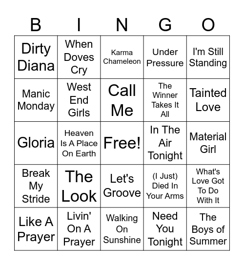 🎶 All Out 80s 🎶 Bingo Card