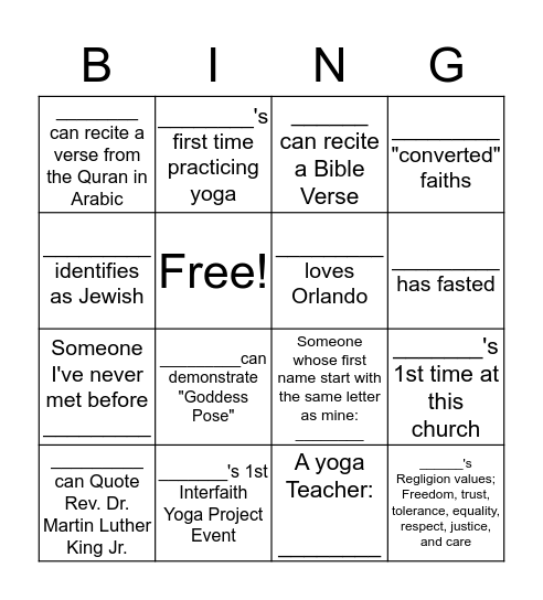 MLK Interfaith Yoga BINGO Card