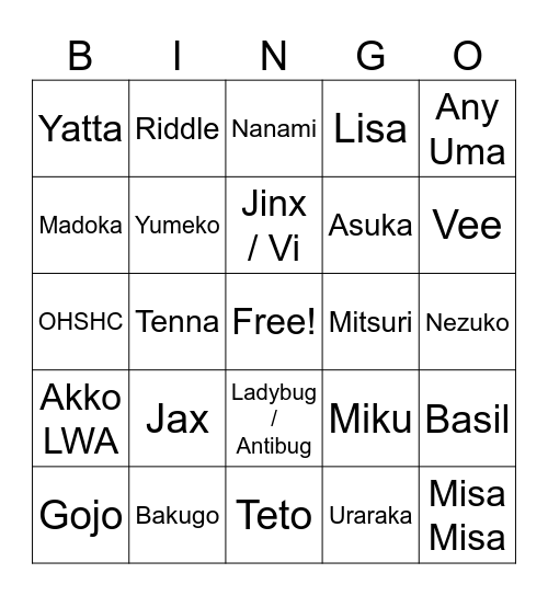 Cosplay ^_^ Bingo Card