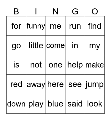 Pre-Primer Bingo Card