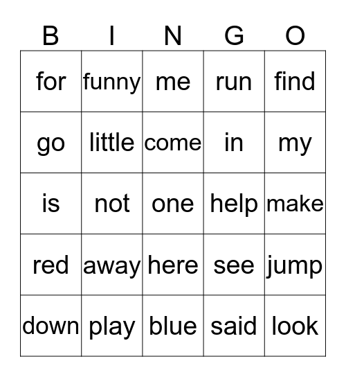 Pre-Primer Bingo Card
