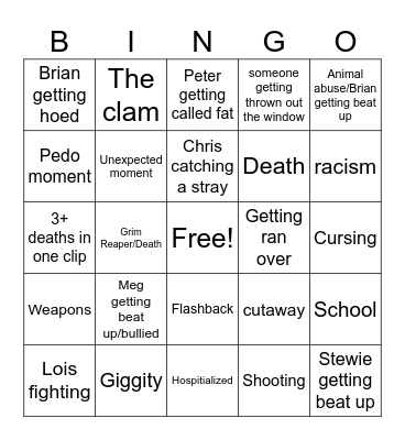 Family guy bingo Card