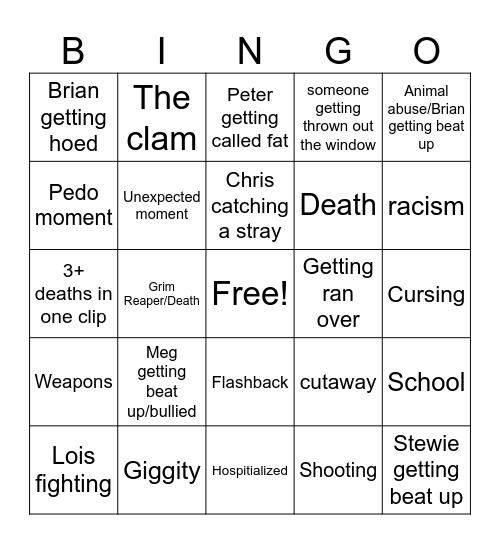 Family guy bingo Card