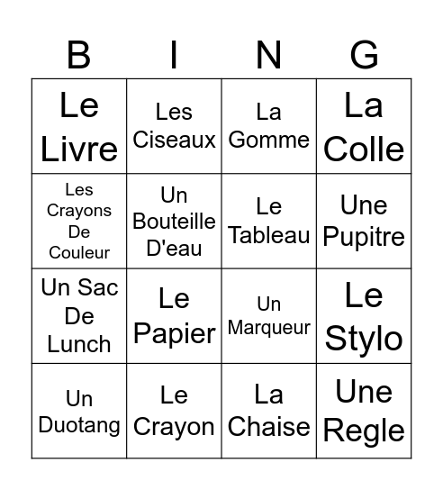 Les Choses Dans La Classe Bingo Card