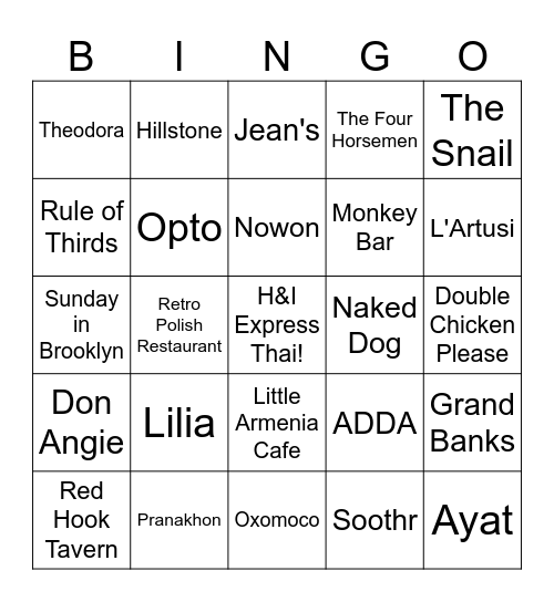 YUM Bingo Card
