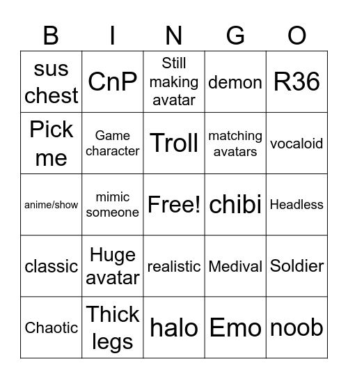 ROBLOX CATALOG AVATAR BINGO Card