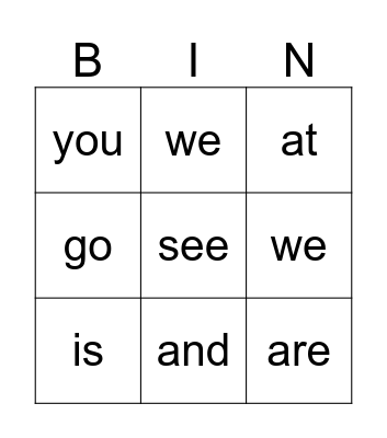 Sight Words Bingo Card