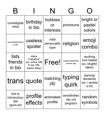 discord profiles Bingo Card