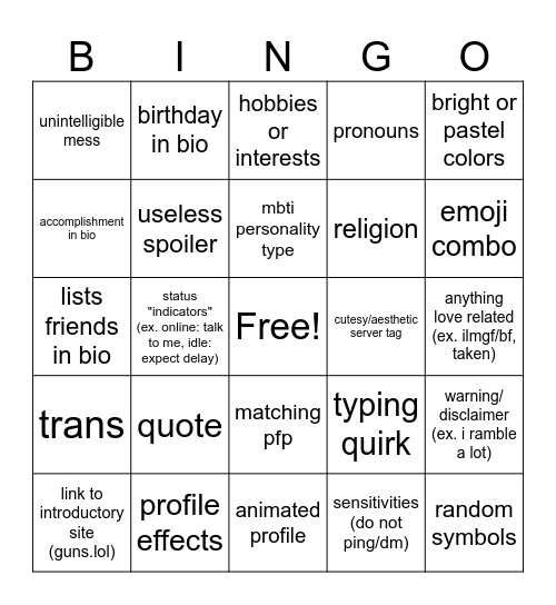 discord profiles Bingo Card
