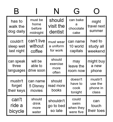 BINGO MODAL VERBS Bingo Card