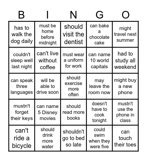 BINGO MODAL VERBS Bingo Card