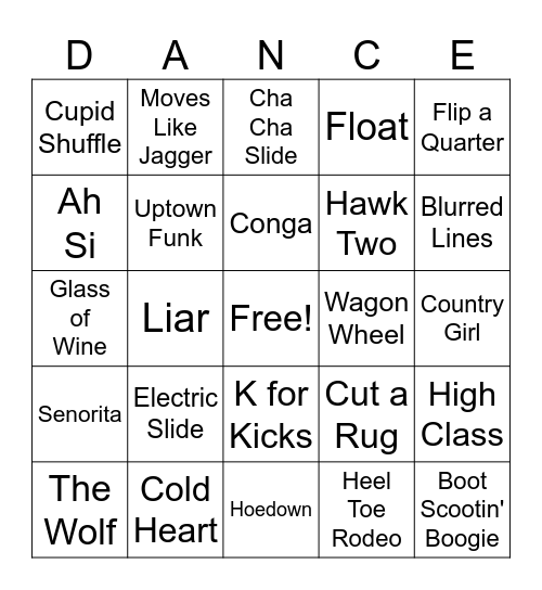 DANCE, DANCE Bingo Card