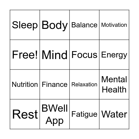 Wellbeing Week Bingo Card
