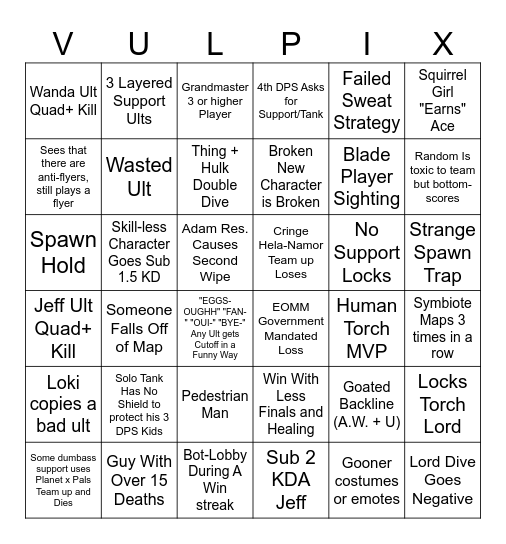 Marvel Rivals QP/Ranked Bingo Card