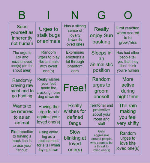 Non human bingo (experiences edition) Bingo Card