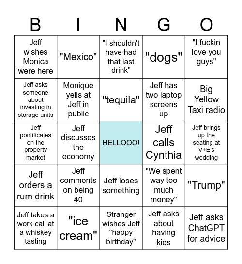 HAPPY 40th JEFFERY BIRTHDAY!! Bingo Card