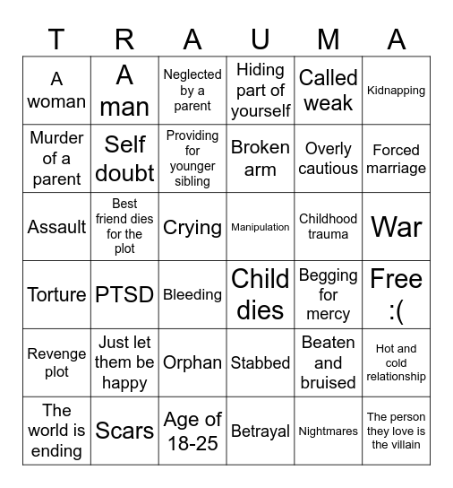 The Clerb Trauma Card Bingo Card