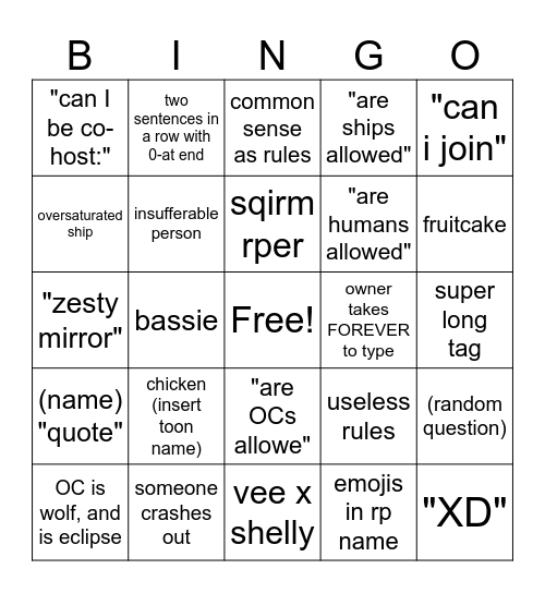 Dandy's World Roleplay BIngo Card