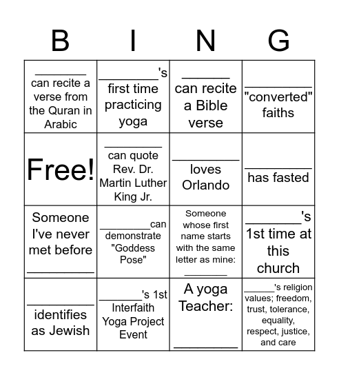 MLK Interfaith Yoga BINGO Card