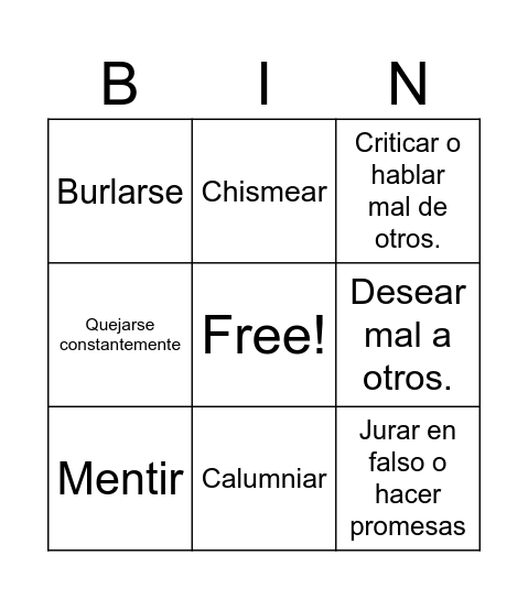 Acciones Negativas de la Lengua Bingo Card