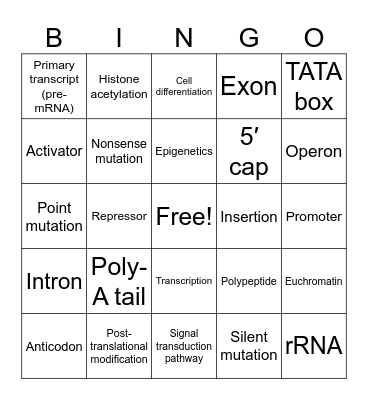 AP Biology Unit 6 Vocab Bingo Card