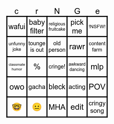 cringe Bingo Card