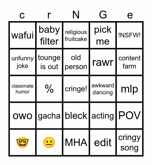 cringe Bingo Card