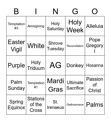 AG Lenten Bingo Card