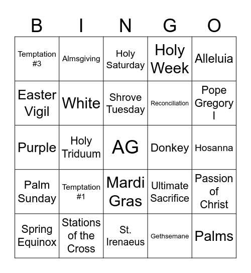 AG Lenten Bingo Card