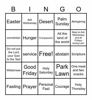 Lent Bingo. Bingo Card