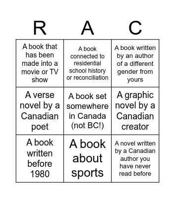 Read Across Canada Bingo Card