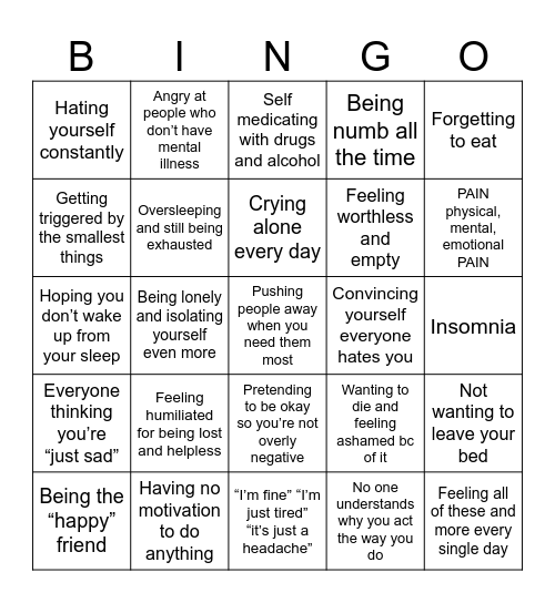 Depression Bingo!!!!! Bingo Card