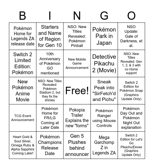 Pokémon Presents 2026 Bingo Card
