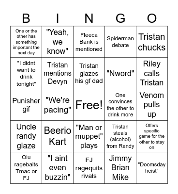 FJ and TmacPhaggot Drinking Bingo Card