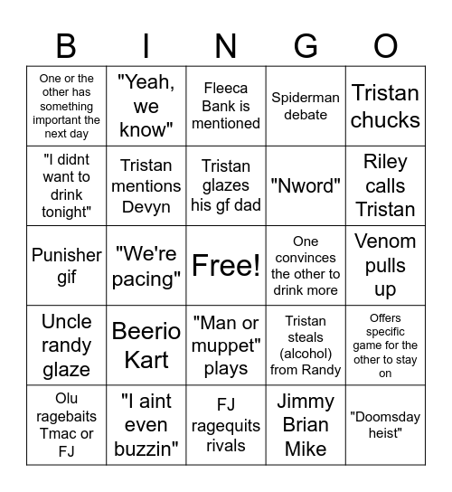 FJ and TmacPhaggot Drinking Bingo Card