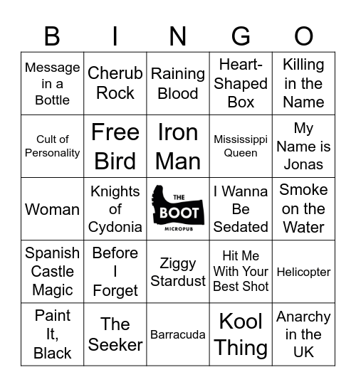 Jukebox Bingo - Guitar Hero Greats Bingo Card