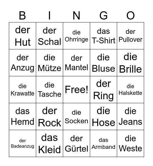 Kleidung Bingo Card
