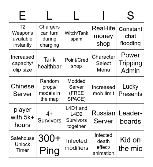 L4D2 Community Servers Bingo Card