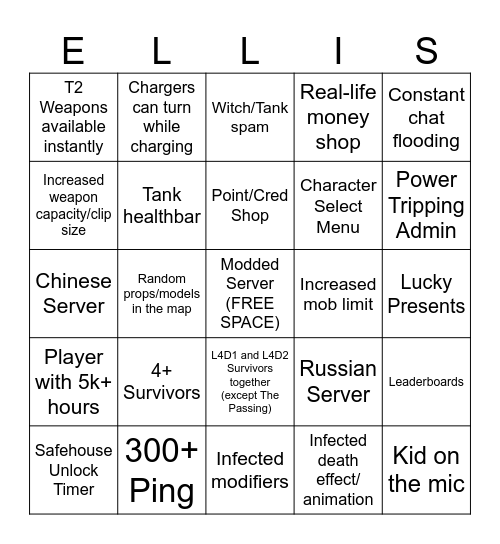 L4D2 Community Server Bingo Card