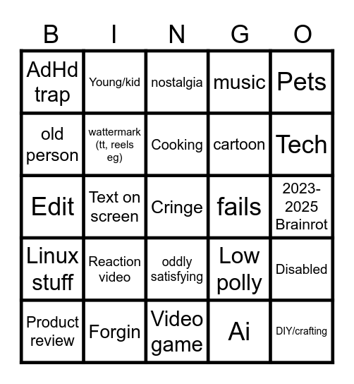 YT shorts/tiktok bingo Card