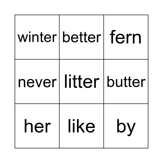 'er' spelling words bingo Card