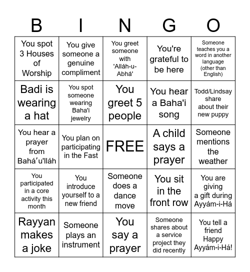 Ayyám-i-Há Bingo Card