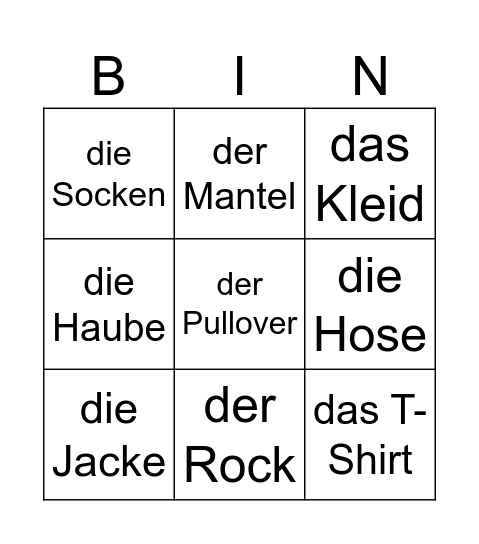 Kleidung Bingo Card