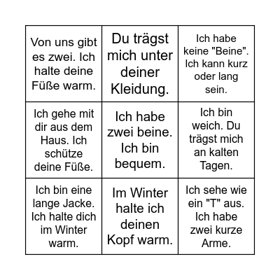 Kleidung Bingo Card