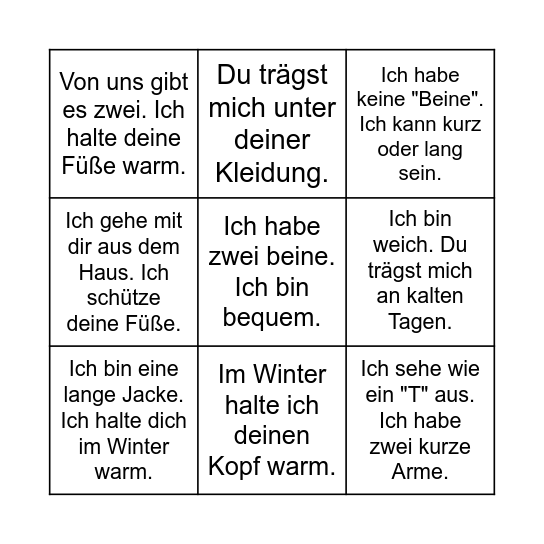Kleidung Bingo Card