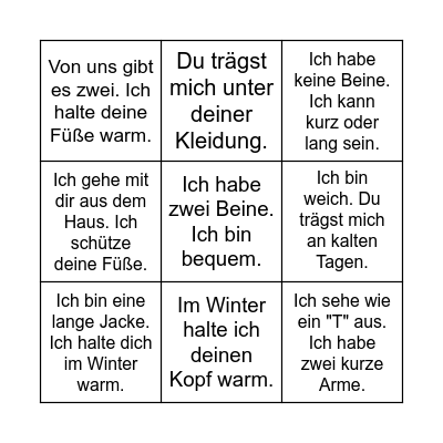 Kleidung Bingo Card