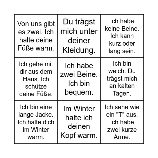 Kleidung Bingo Card